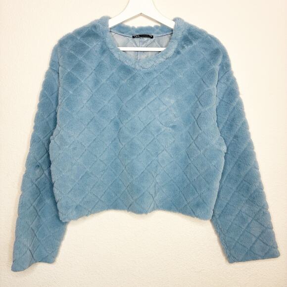 Zara Faux Fur Quilted Cropped Blue Sweater S - Picture 2 of 9